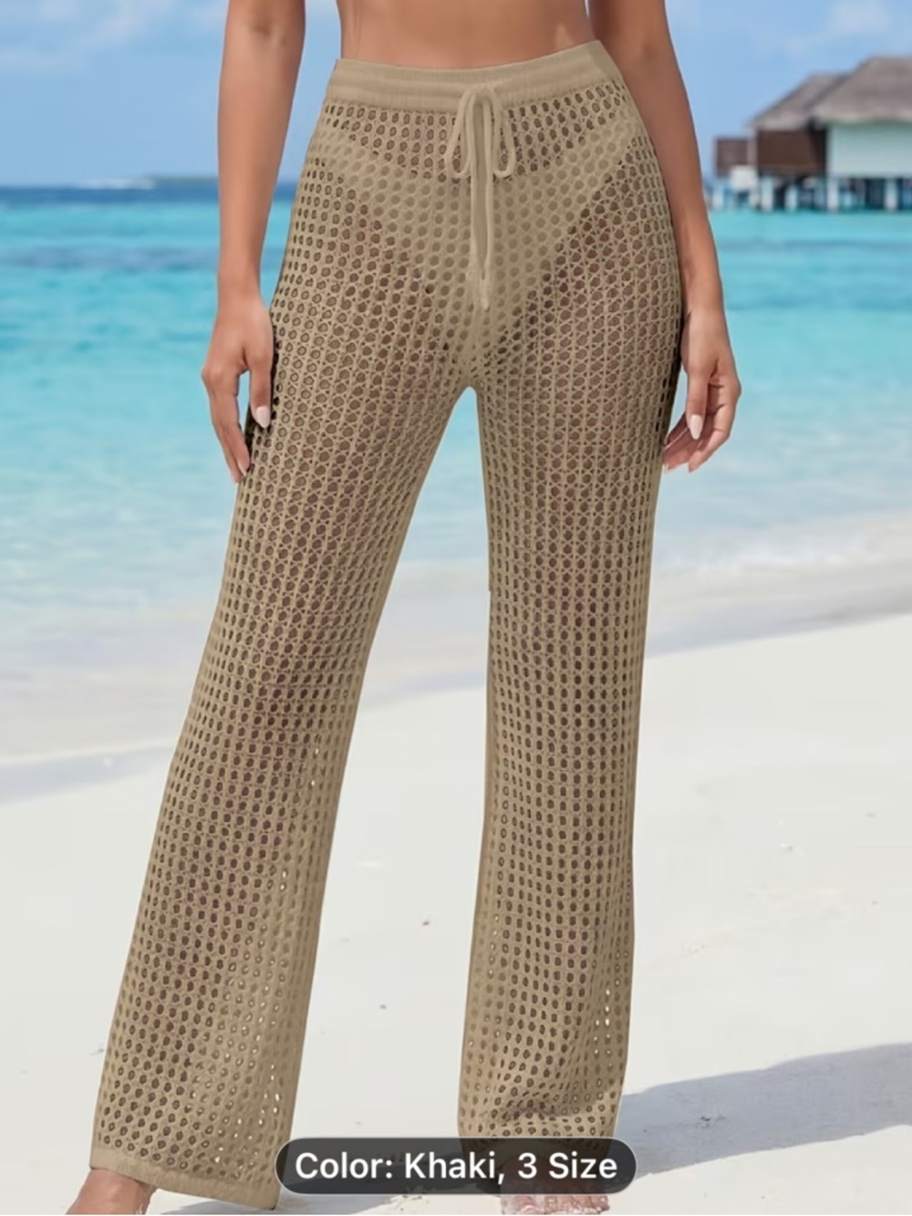 Khaki Crochet Straight-Leg Beach Pants